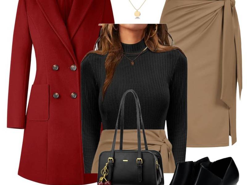 Elegant Christmas Outfit: Black Turtleneck, Khaki Skirt & Red Wool&nbsp;Coat