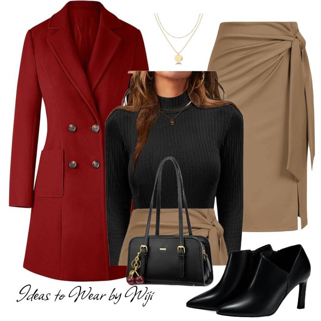 Elegant Christmas Outfit: Black Turtleneck, Khaki Skirt & Red Wool&nbsp;Coat