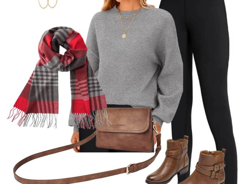Cozy Christmas Outfit: Grey Knit, Warm Leggings & Festive Plaid&nbsp;Scarf