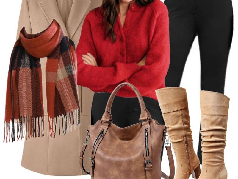 Christmas Outfit Inspiration: Red Knit Sweater & Camel Winter&nbsp;Layers